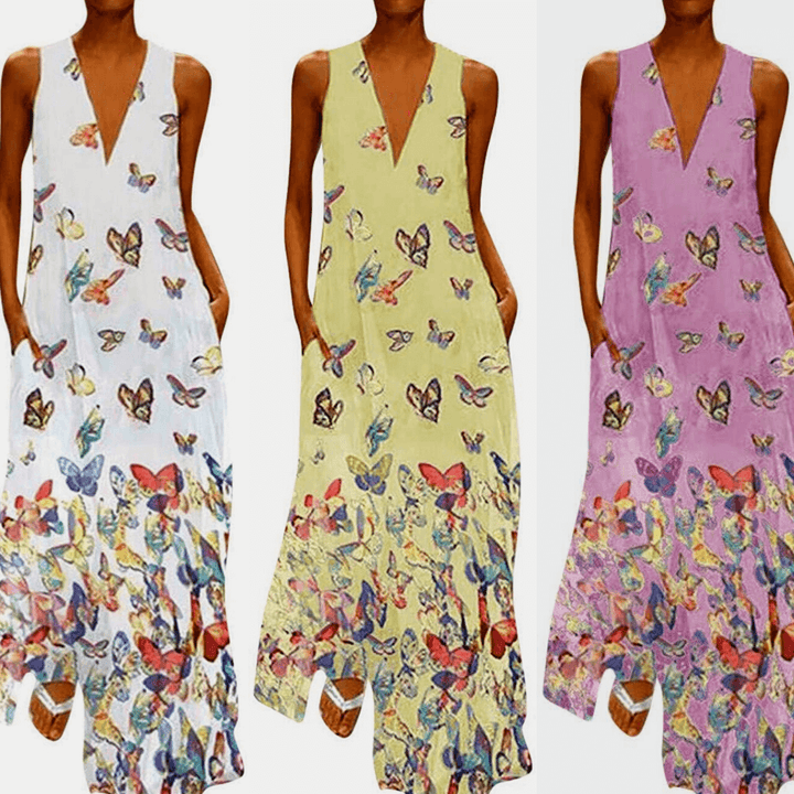 Trendy Ärmelloses Maxi-Sommerkleid mit Schmetterlingsmuster – Malia