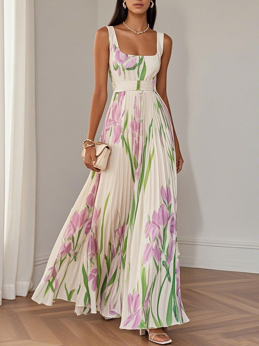 Ingrid – Maxikleid Chiffon mit Blumenmuster plissiert weiß – Produktansicht 1
