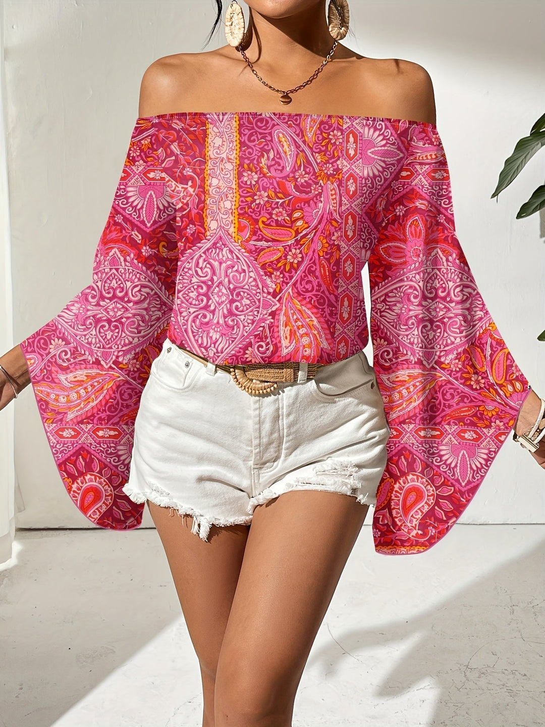Off-Shoulder Bluse mit geometrischem Druck – Noémie