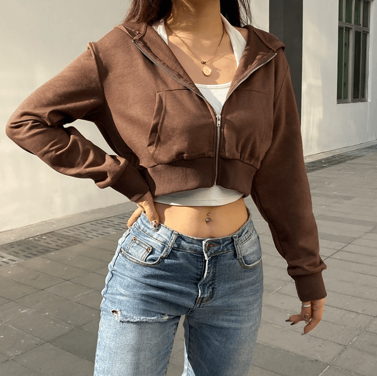 Trendige Figurbetonte Damen Cropped Zip-Up Hoodie mit Kapuze – Alina