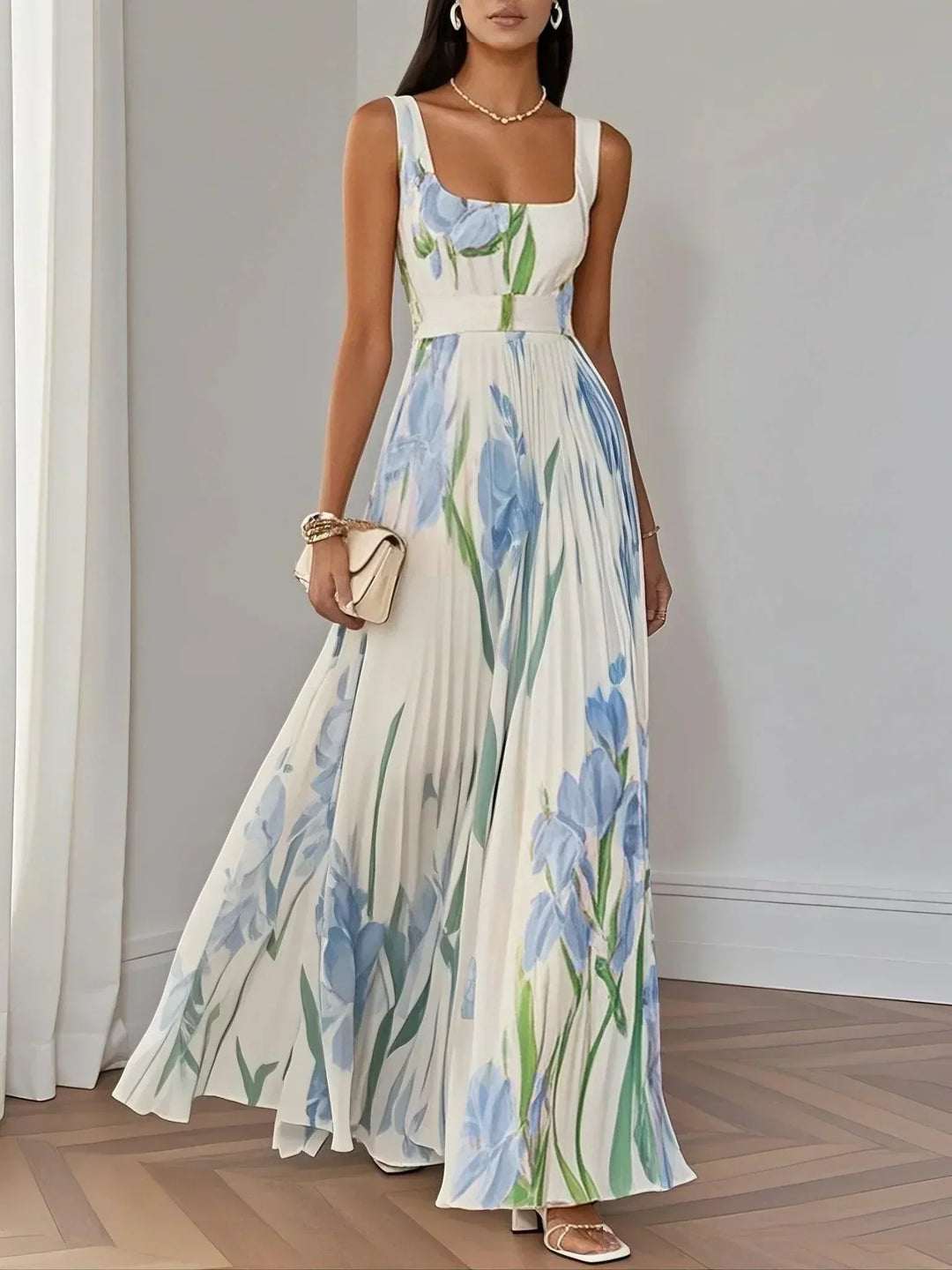 Ingrid – Maxikleid Chiffon mit Blumenmuster plissiert weiß – Produktansicht 5