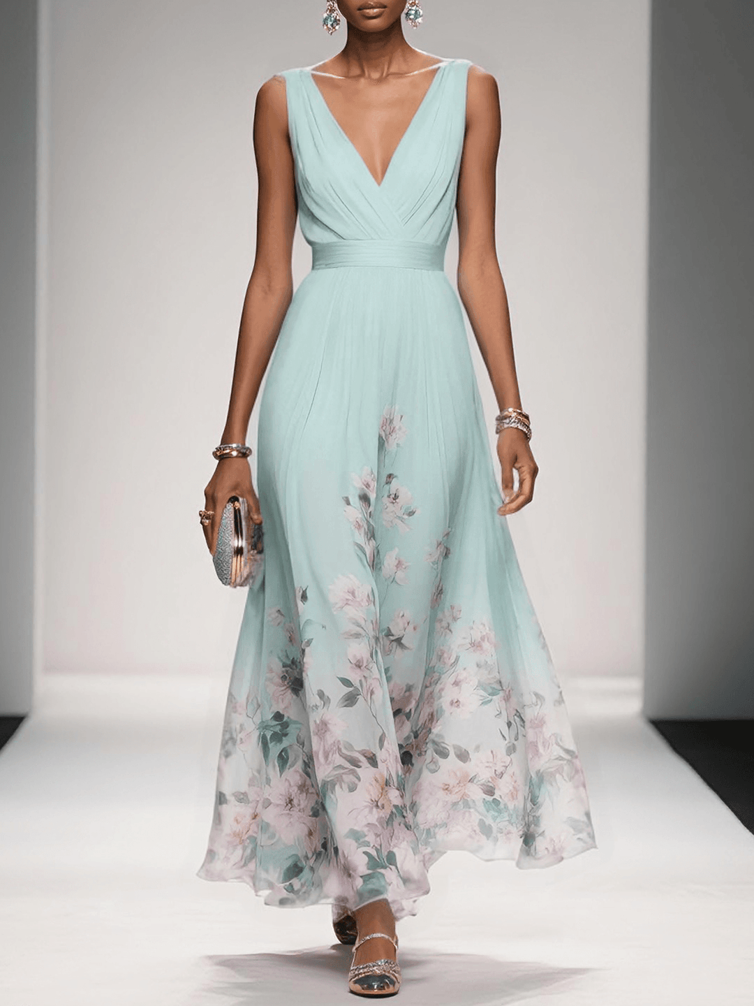 Paula – Maxikleid aus Chiffon mit Blumen hellblau und V-Ausschnitt – Produktansicht 7