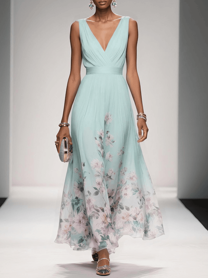 Paula – Maxikleid aus Chiffon mit Blumen hellblau und V-Ausschnitt – Produktansicht 7