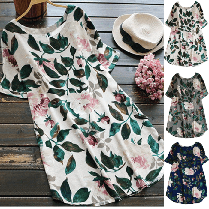 Blumiges Sommer Freizeitkleid mit kurzen Ärmeln für Damen – Malina