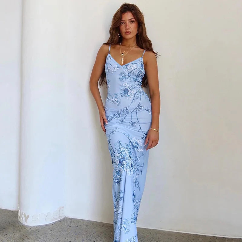Florales Sommer-Maxikleid mit V-Ausschnitt und Spaghettiträgern - Alina
