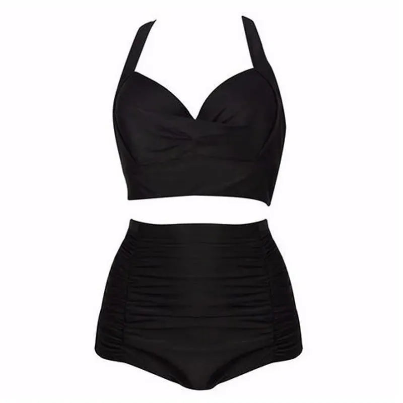 Schwarzes Bikini-Set mit Haltertop und hoher Taille – Alina