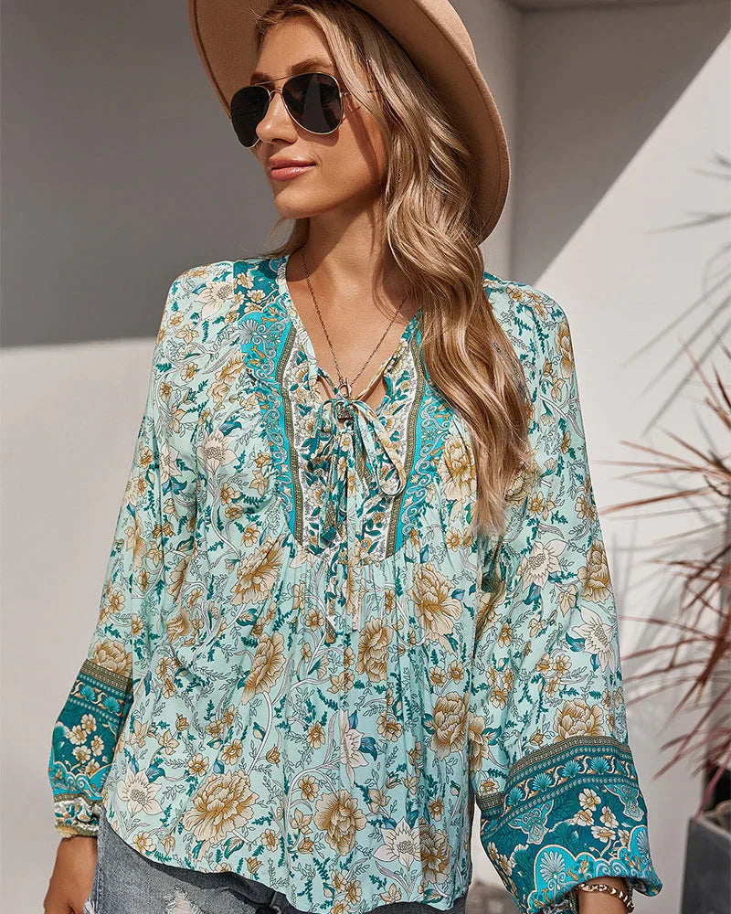 Vintage Boho Sommerbluse mit Blumenprint und langen Ärmeln – Sana