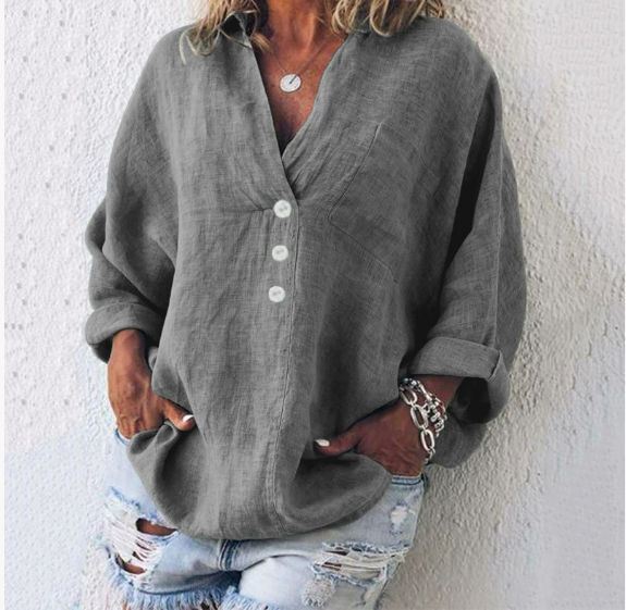 Luftige Damen Leinenbluse mit Knopfleiste und V-Ausschnitt – Elodie