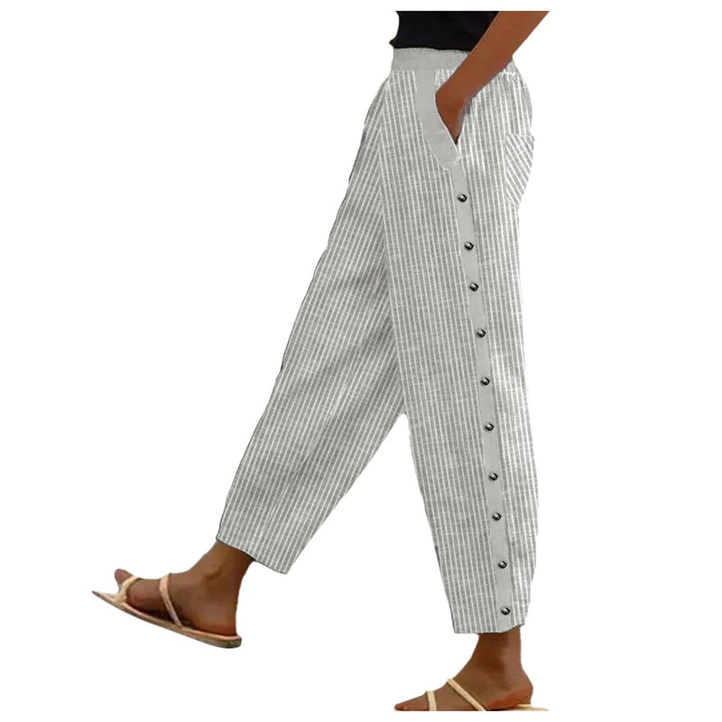 Gestreifte High-Waist Damen Hose mit Zierknöpfen – Florence