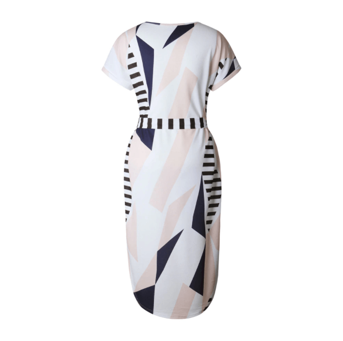 Trendige Asymmetrische Damen Midikleid mit Print und Taillengürtel – Elira