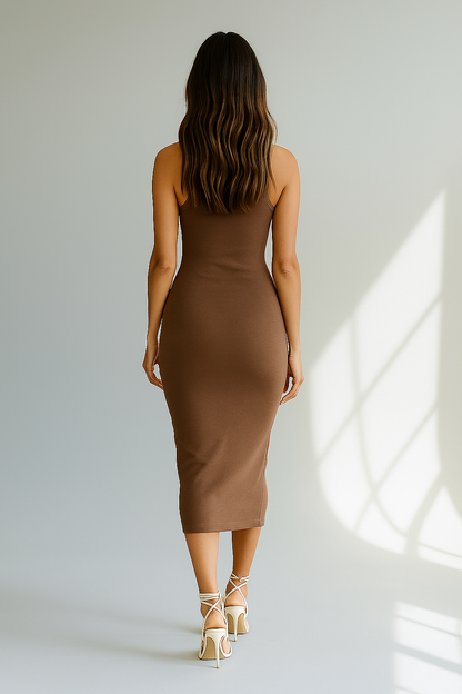Braunes figurbetontes Midi-Kleid ohne Ärmel