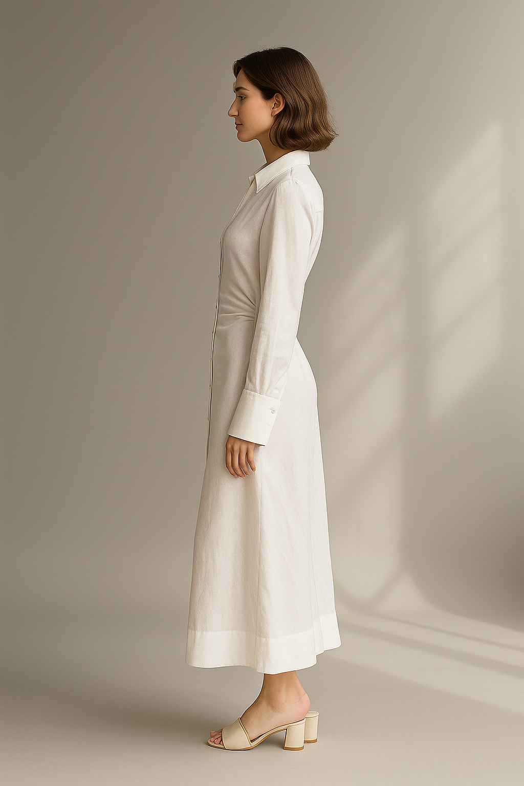 Weißes Hemdblusenkleid in Midilänge mit langen Ärmeln