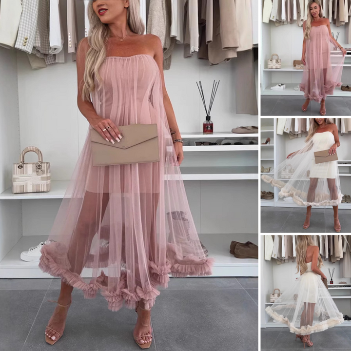 Schulterfreies Tüllkleid mit Volants – Nea